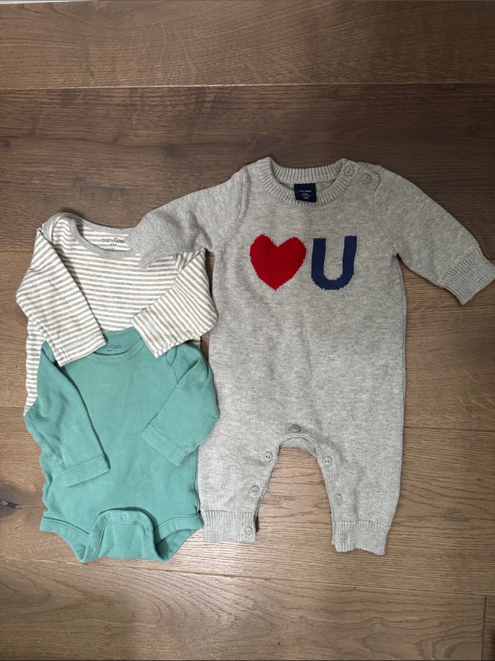 GAP Gray Knit Heart 'U' Romper with Teal & Cream-Striped Bodysuits